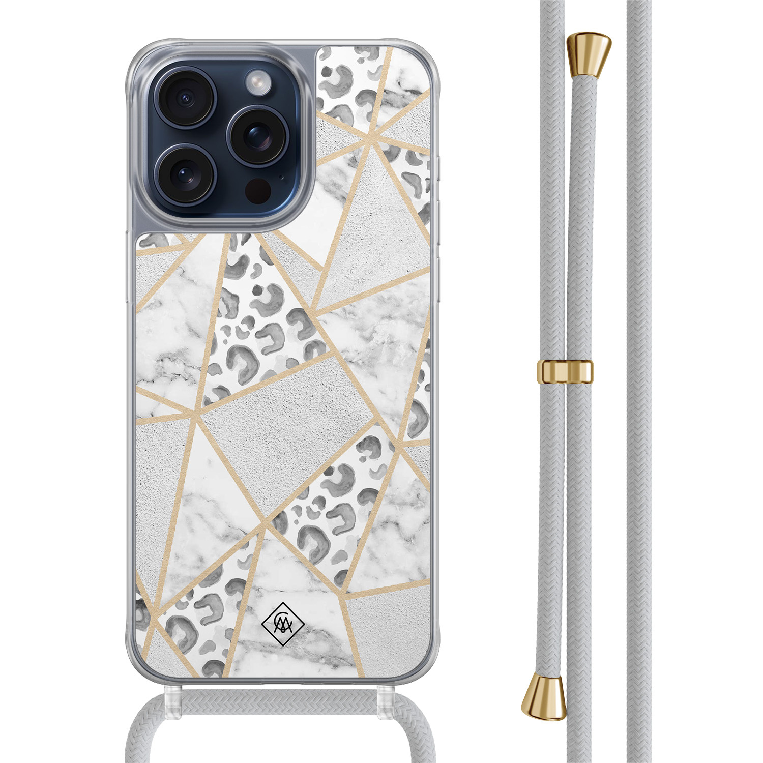 iPhone 15 Pro Max hoesje met grijs koord - Stone & leopard