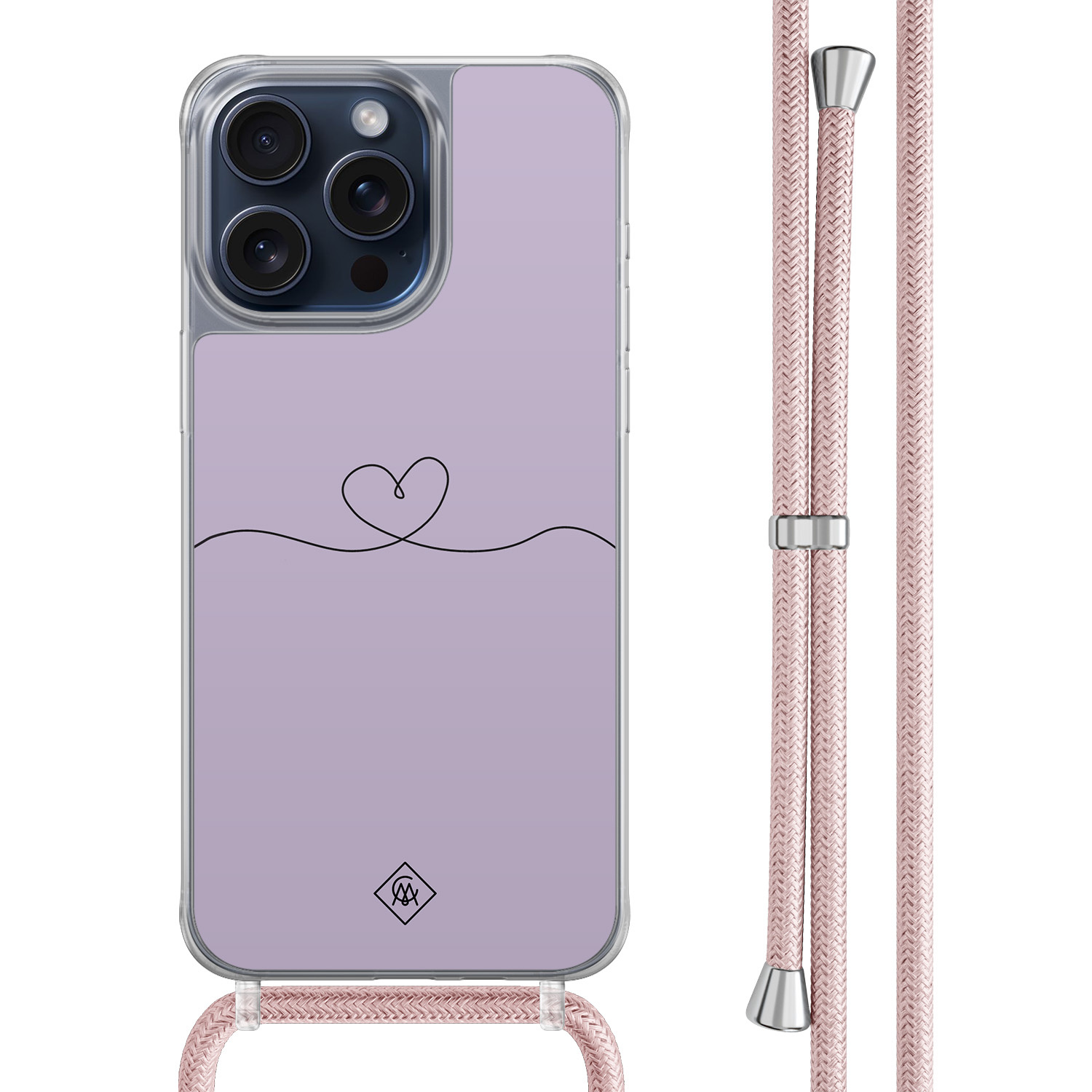 iPhone 15 Pro Max hoesje met rosegoud koord - Hart lila