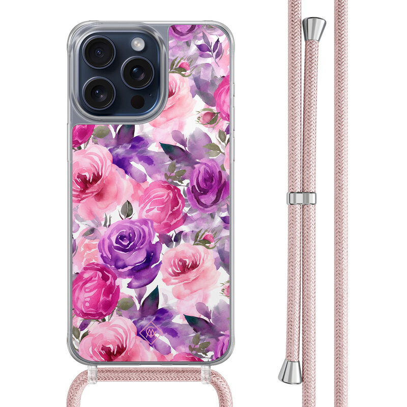 Casimoda iPhone 15 Pro Max hoesje met rosegoud koord - Rosy blooms