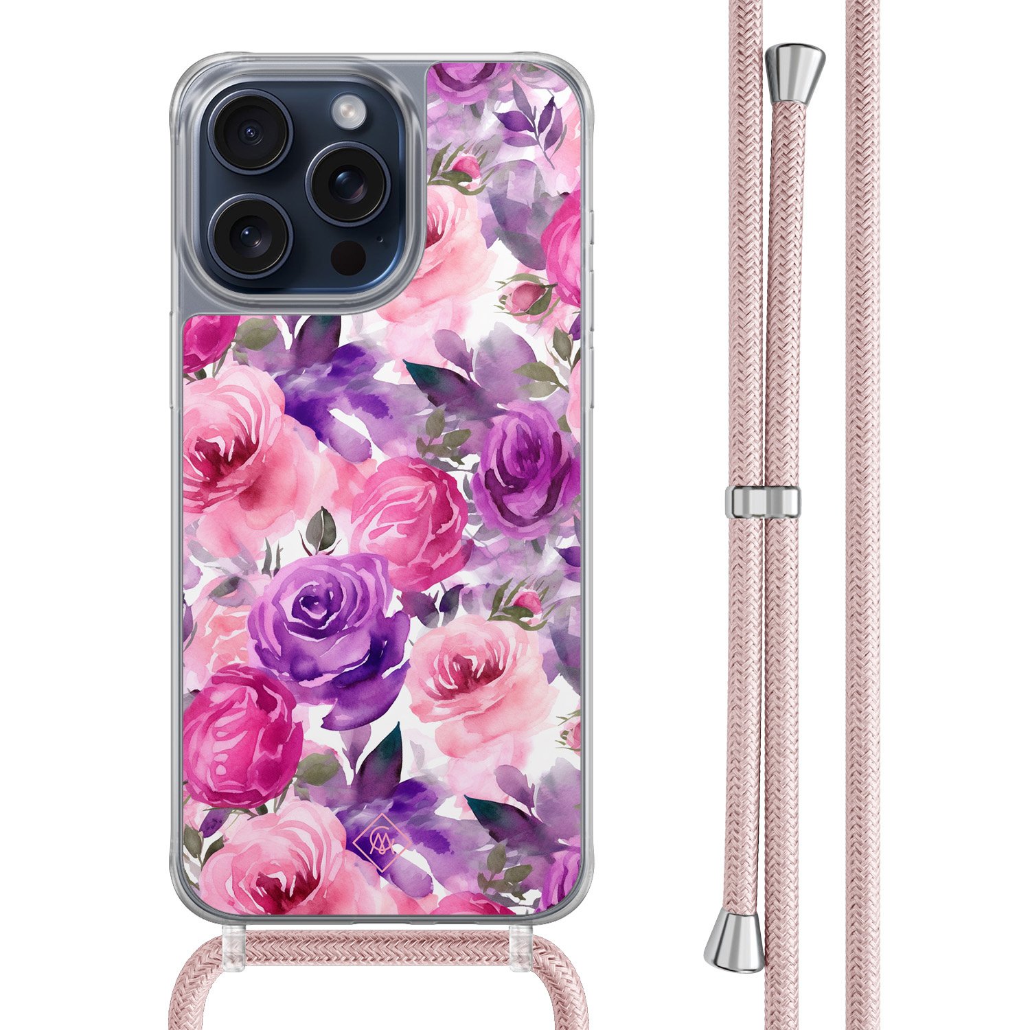 iPhone 15 Pro Max hoesje met rosegoud koord - Rosy blooms