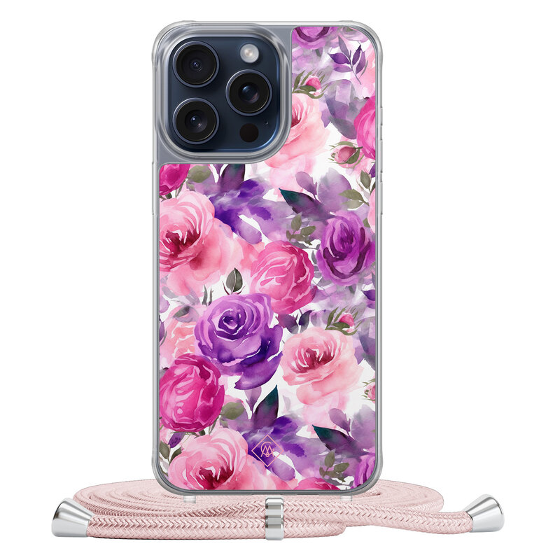 Casimoda iPhone 15 Pro Max hoesje met rosegoud koord - Rosy blooms
