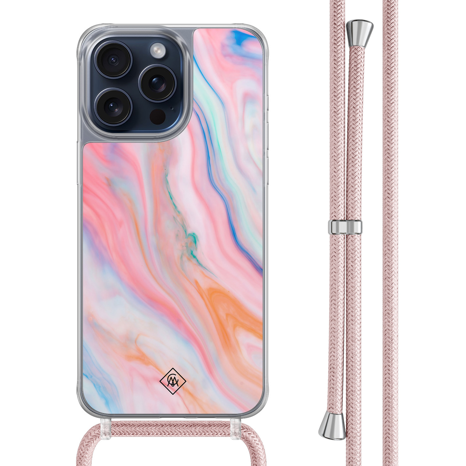 iPhone 15 Pro Max hoesje met rosegoud koord - Pink glam