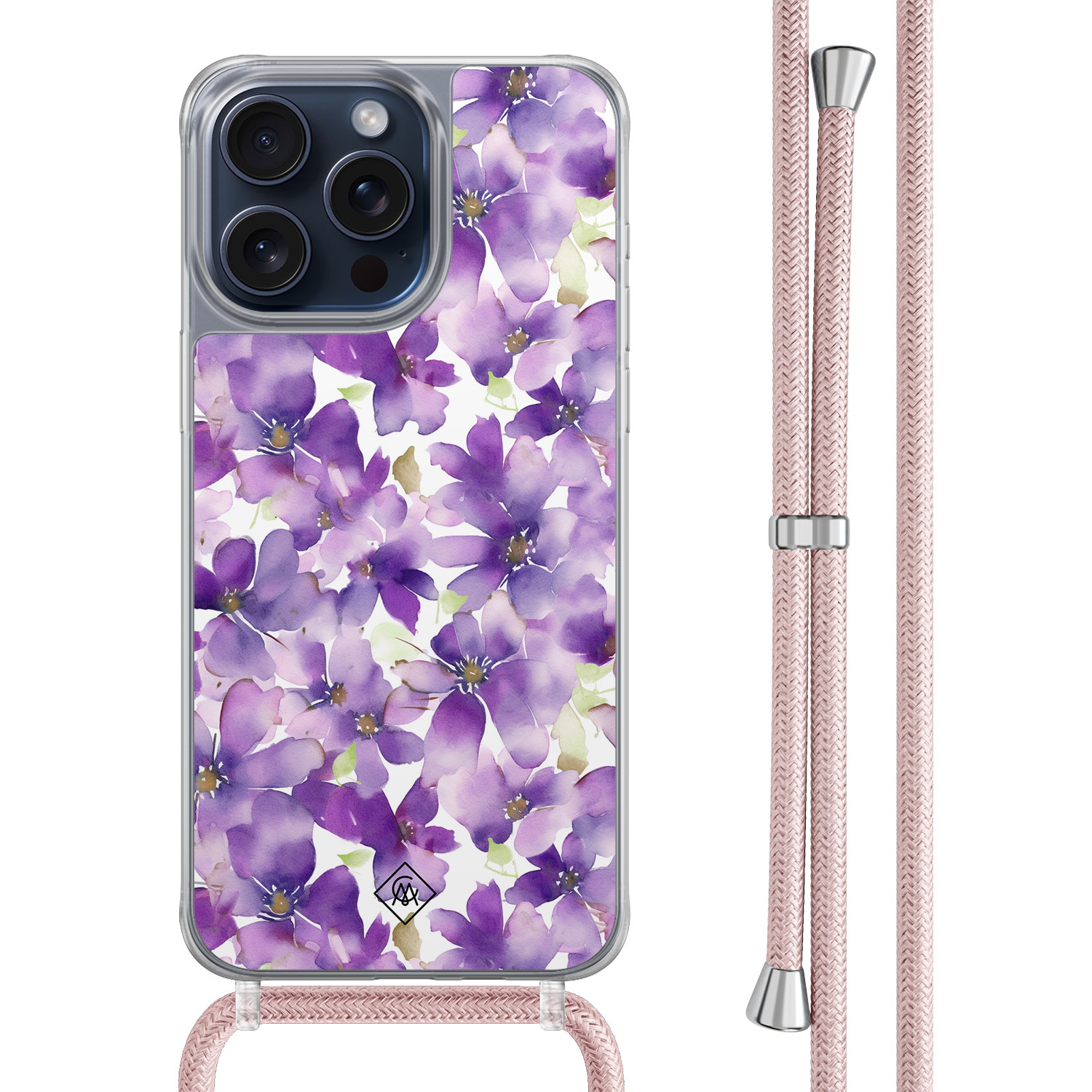 iPhone 15 Pro Max hoesje met rosegoud koord - Floral violet