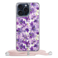 Casimoda iPhone 15 Pro Max hoesje met rosegoud koord - Floral violet