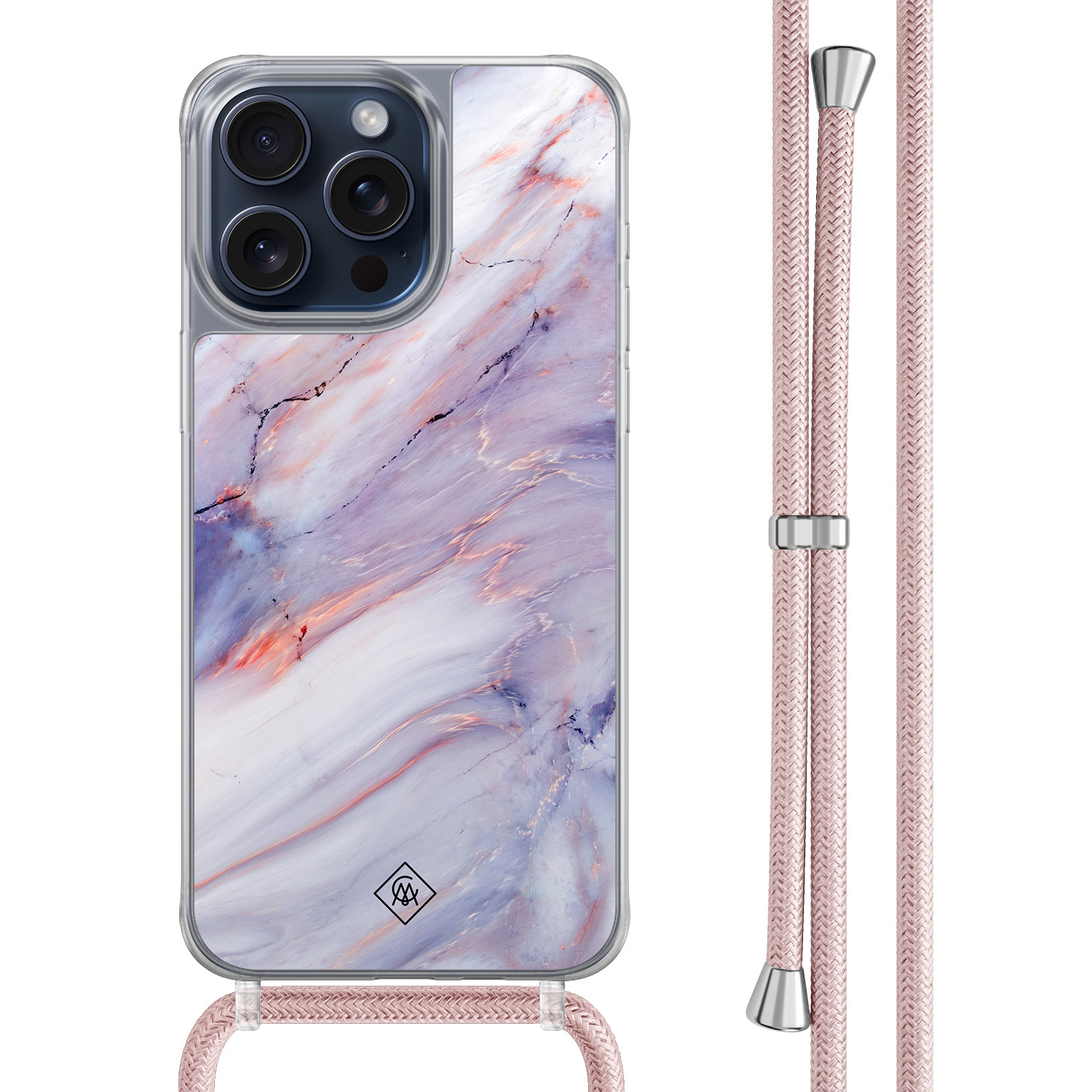 iPhone 15 Pro Max hoesje met rosegoud koord - Marmer paars