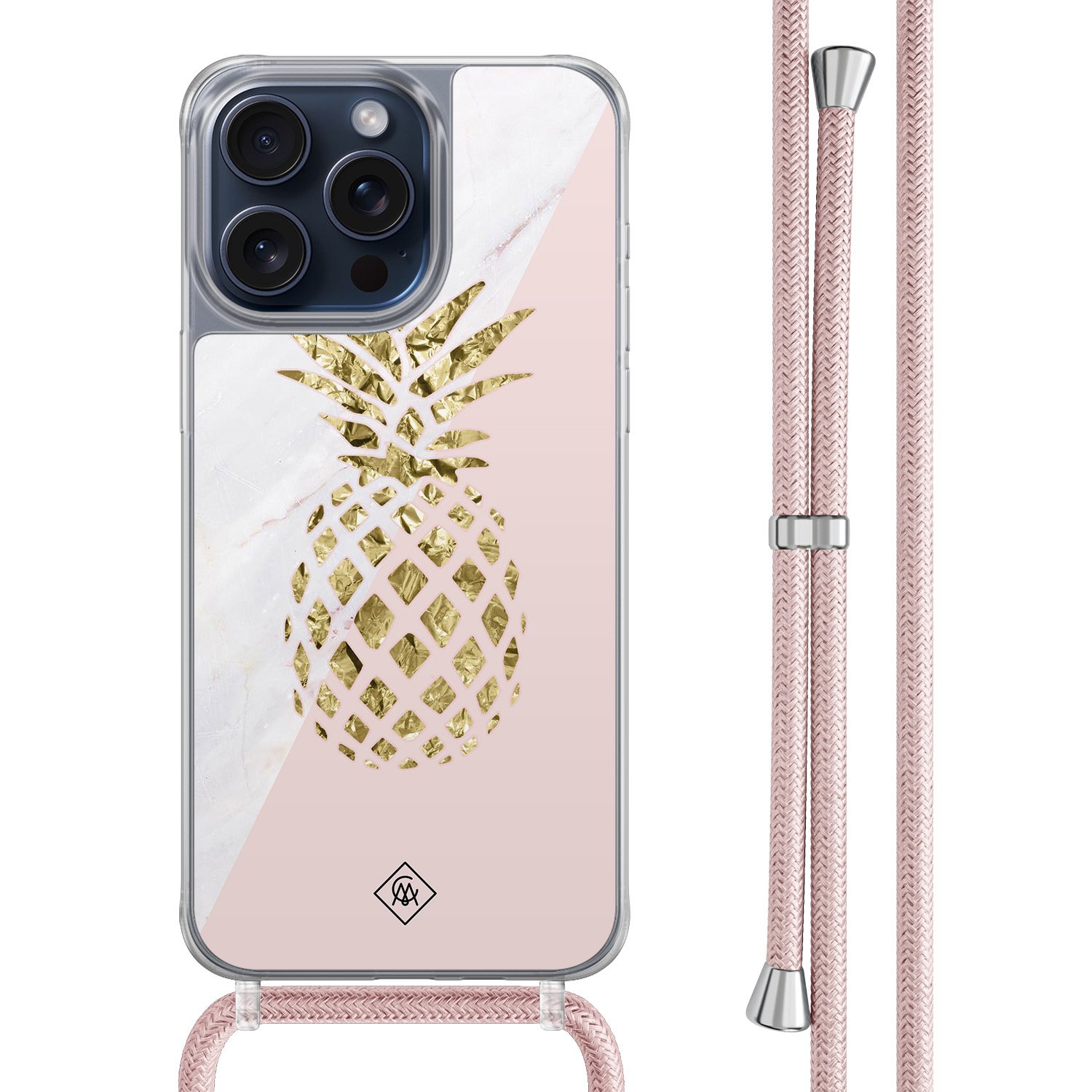 iPhone 15 Pro Max hoesje met rosegoud koord - Ananas