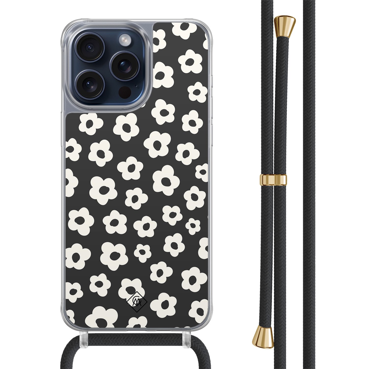iPhone 15 Pro Max hoesje met zwart koord - Retro bloempjes