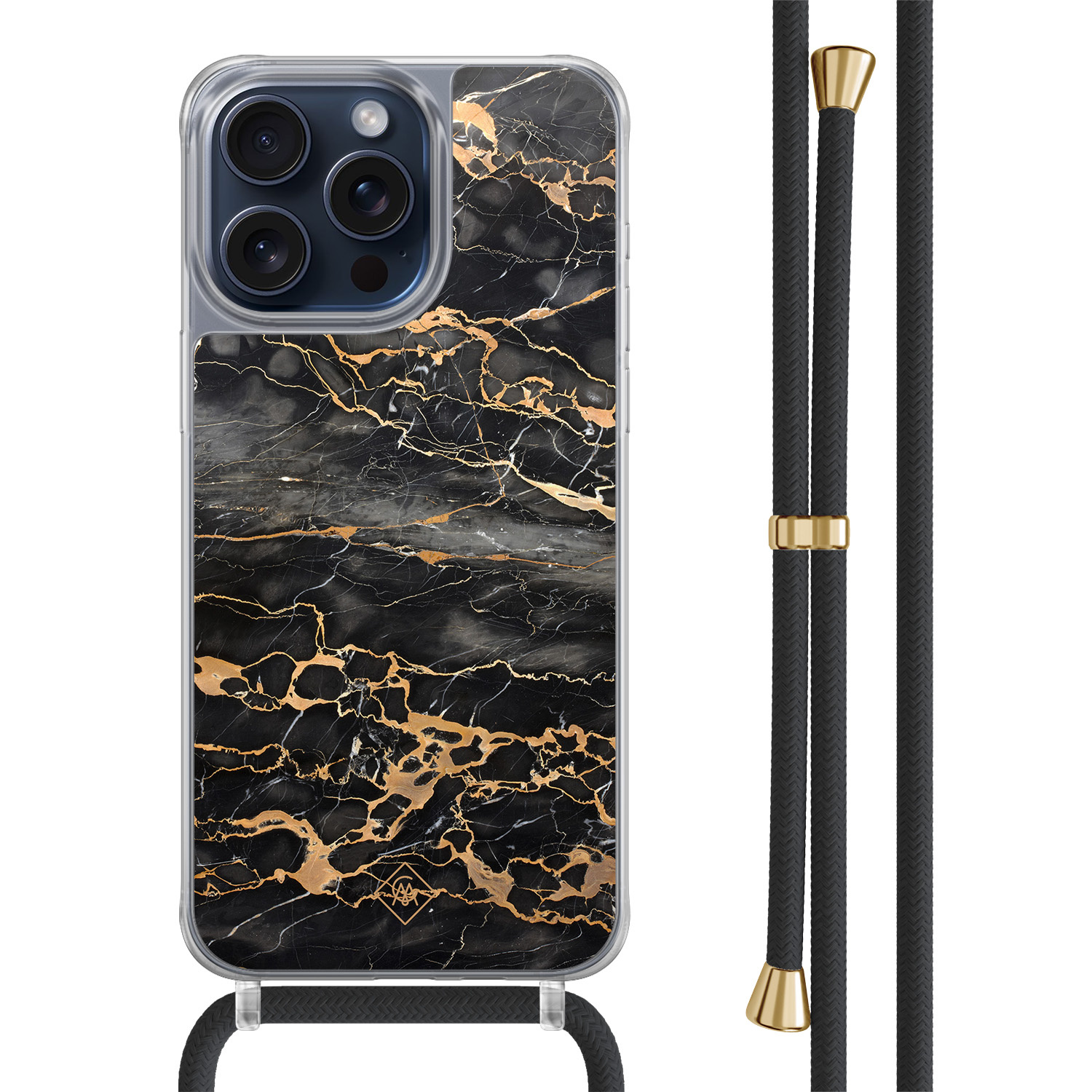 iPhone 15 Pro Max hoesje met zwart koord - Marmer grijs brons