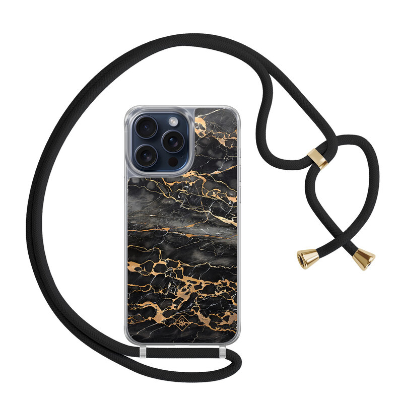 Casimoda iPhone 15 Pro Max hoesje met zwart koord - Marmer grijs brons