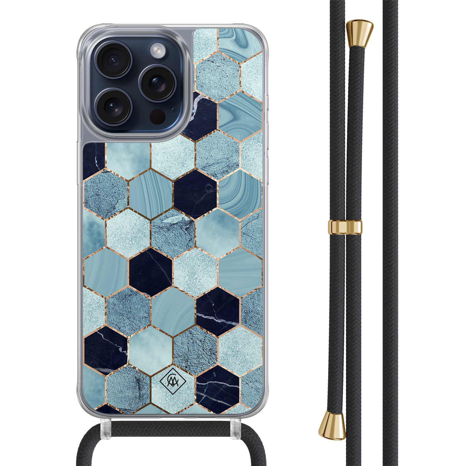 iPhone 15 Pro Max hoesje met zwart koord - Blue cubes
