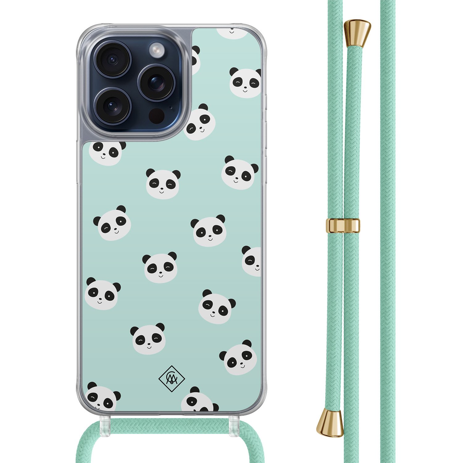 iPhone 15 Pro Max hoesje met mint koord - Panda print