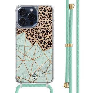 Casimoda iPhone 15 Pro Max hoesje met mint koord - Luipaard marmer mint