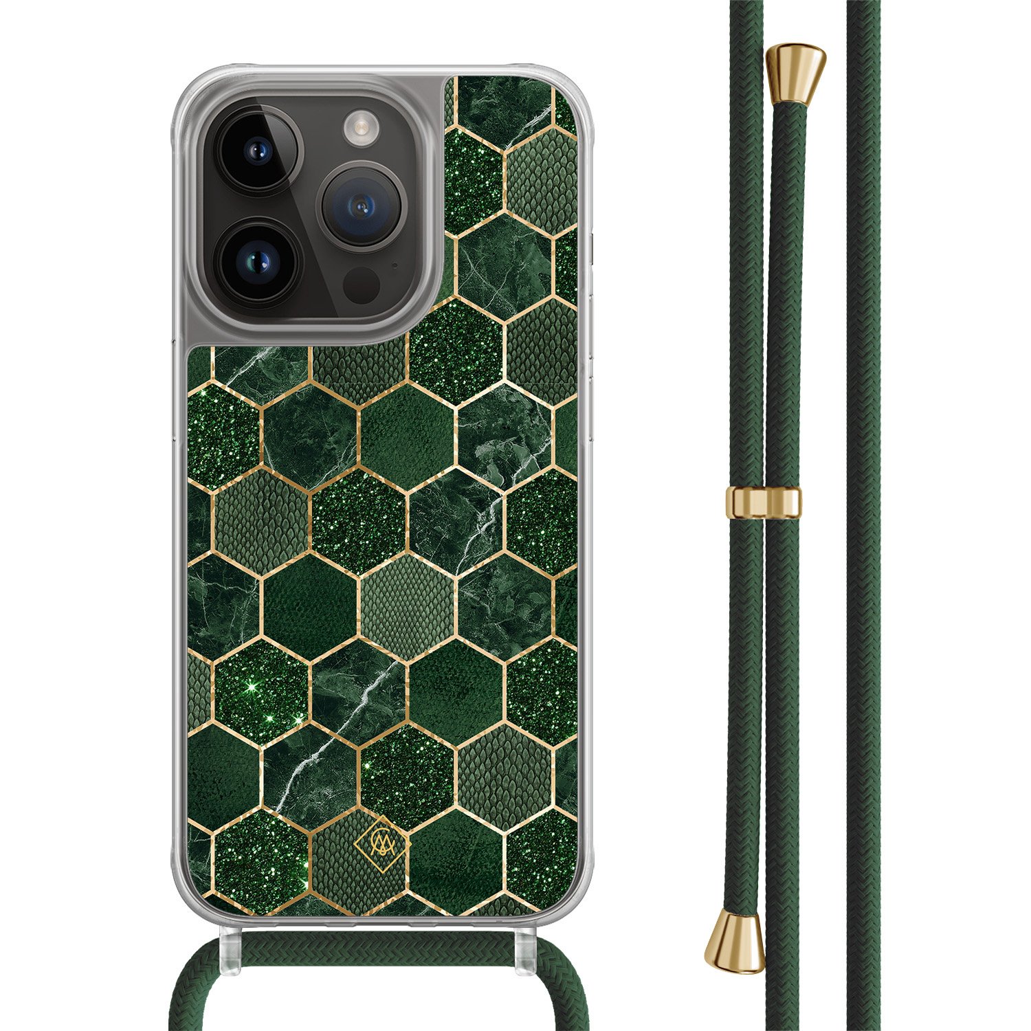 iPhone 14 Pro hoesje met groen koord - Kubus groen