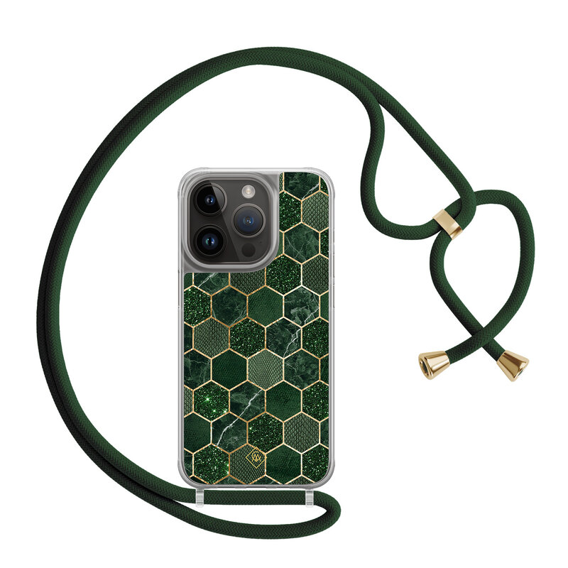 Casimoda iPhone 14 Pro hoesje met groen koord - Kubus groen