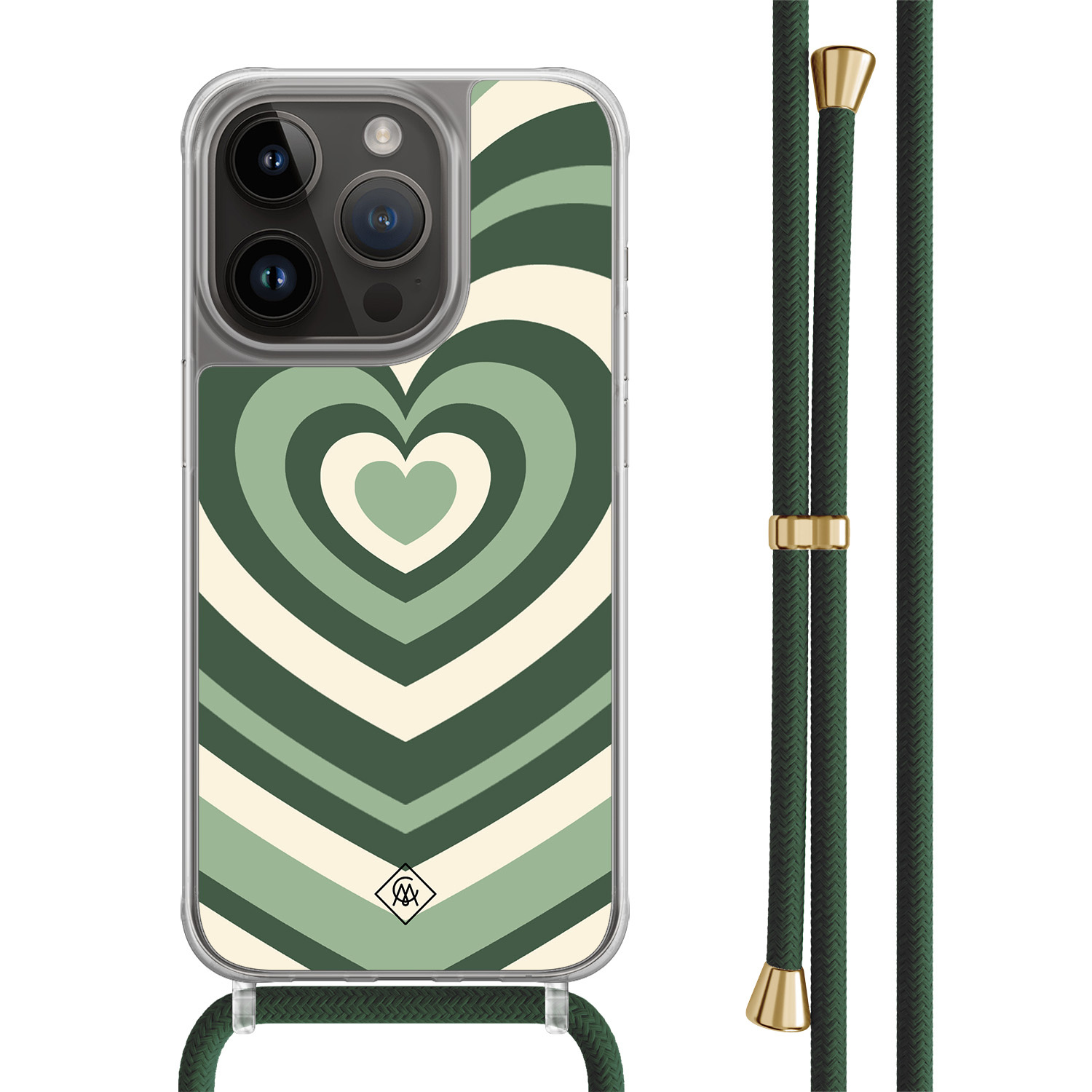 iPhone 14 Pro hoesje met groen koord - Hart swirl groen