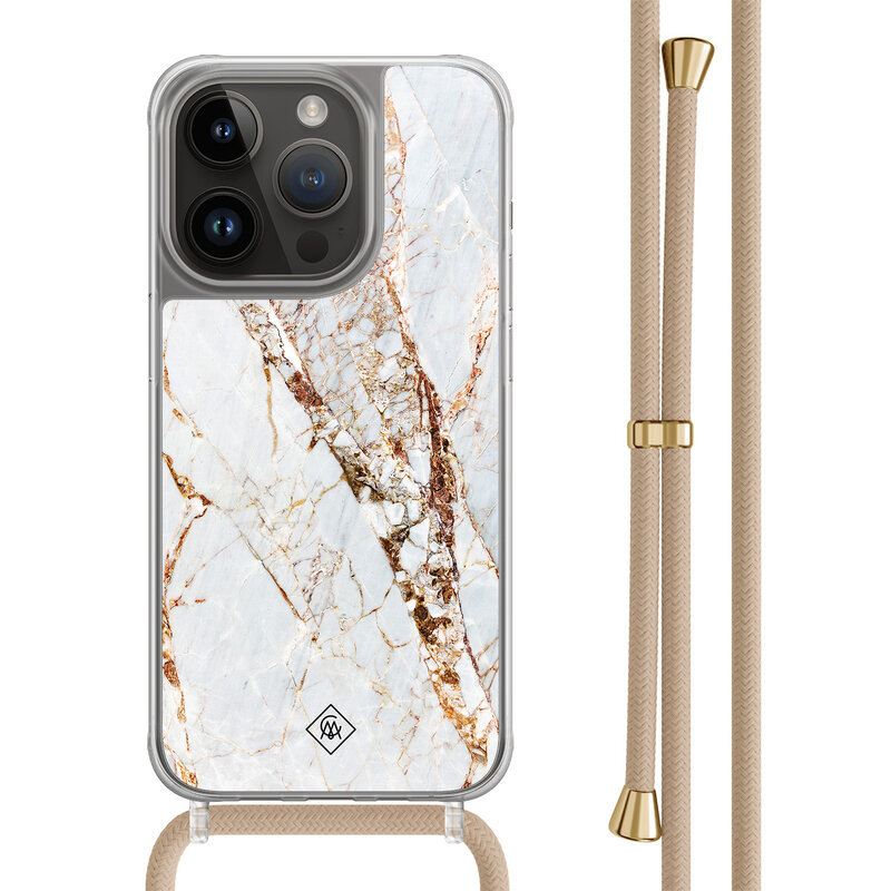 Casimoda iPhone 14 Pro hoesje met beige koord - Marmer goud