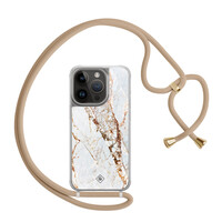Casimoda iPhone 14 Pro hoesje met beige koord - Marmer goud