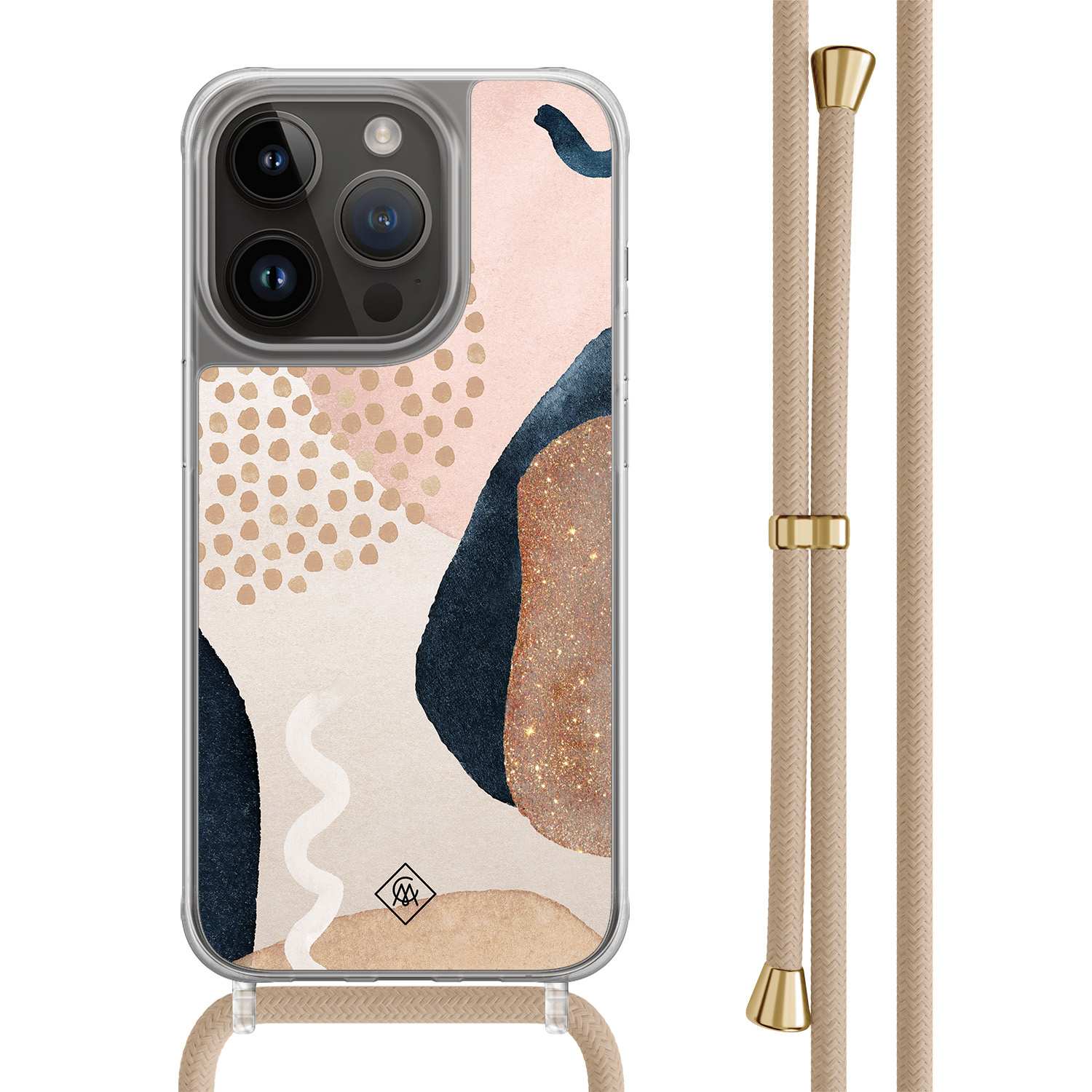 iPhone 14 Pro hoesje met beige koord - Abstract dots