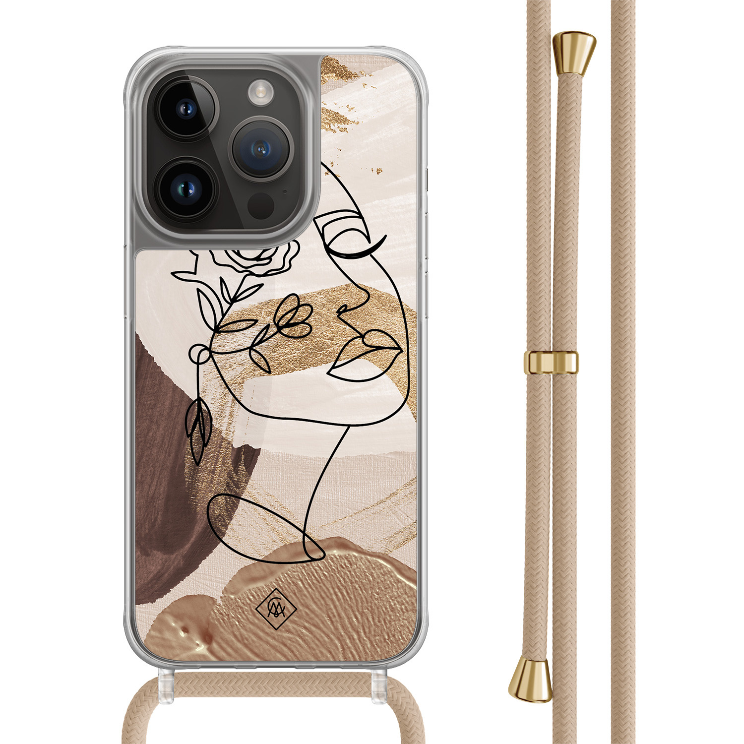 iPhone 14 Pro hoesje met beige koord - Abstract gezicht bruin