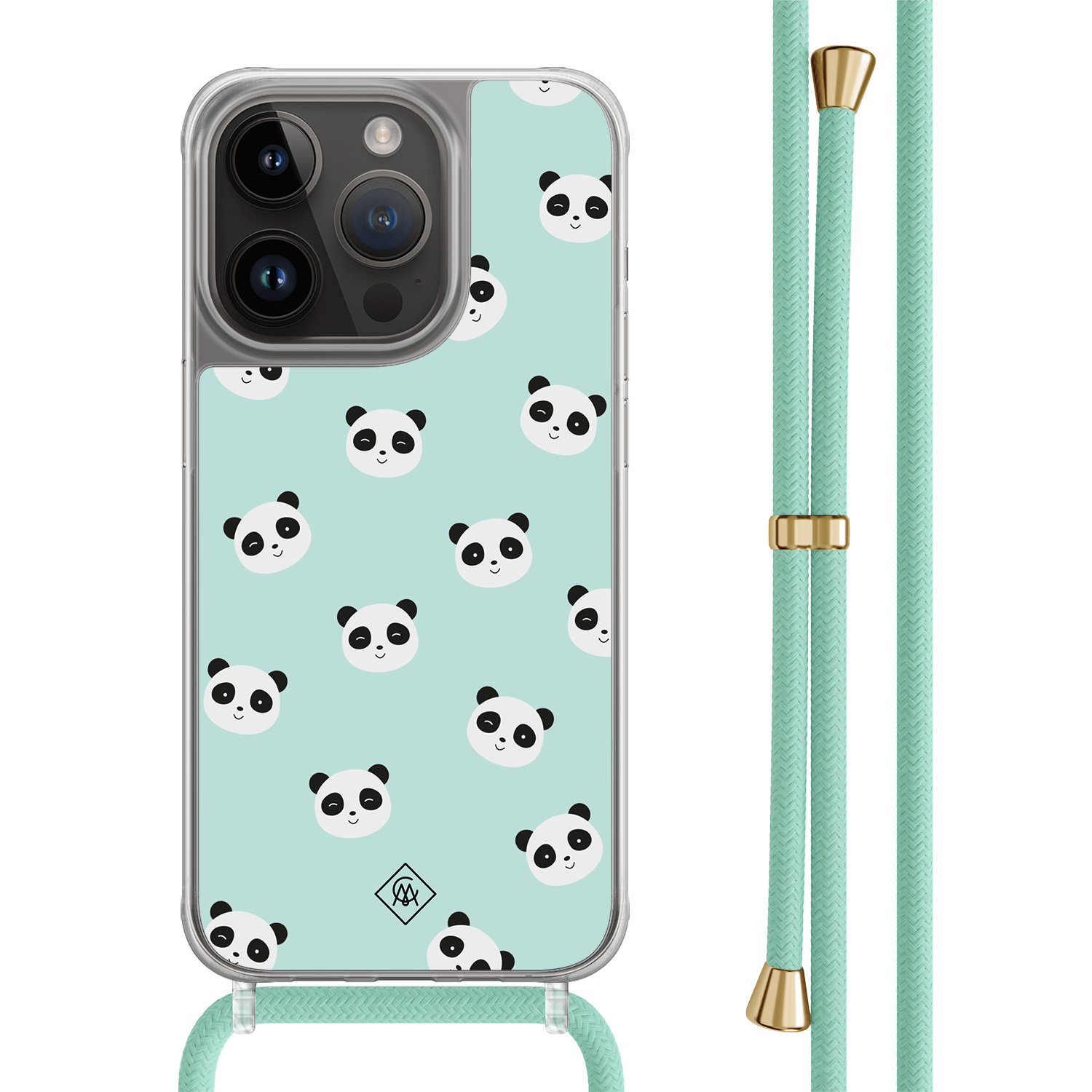 iPhone 14 Pro hoesje met mint koord - Panda print