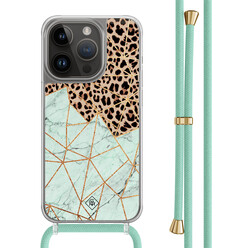 Casimoda iPhone 14 Pro hoesje met mint koord - Luipaard marmer mint