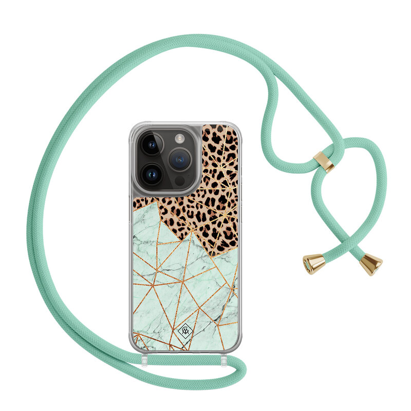 Casimoda iPhone 14 Pro hoesje met mint koord - Luipaard marmer mint