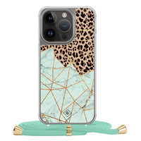 Casimoda iPhone 14 Pro hoesje met mint koord - Luipaard marmer mint