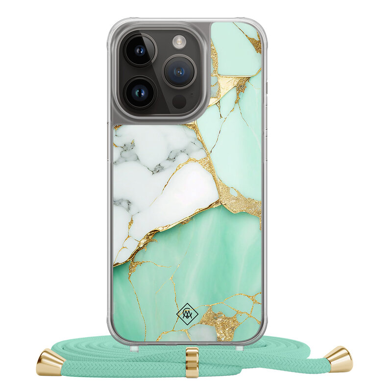 Casimoda iPhone 14 Pro hoesje met mint koord - Marmer mintgroen