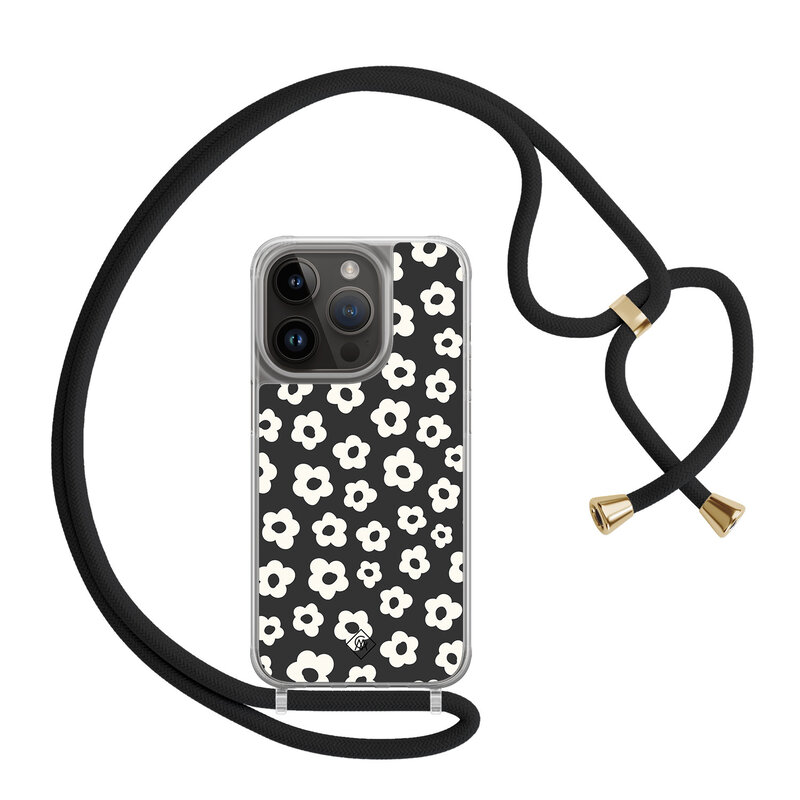 Casimoda iPhone 14 Pro hoesje met zwart koord - Retro bloempjes