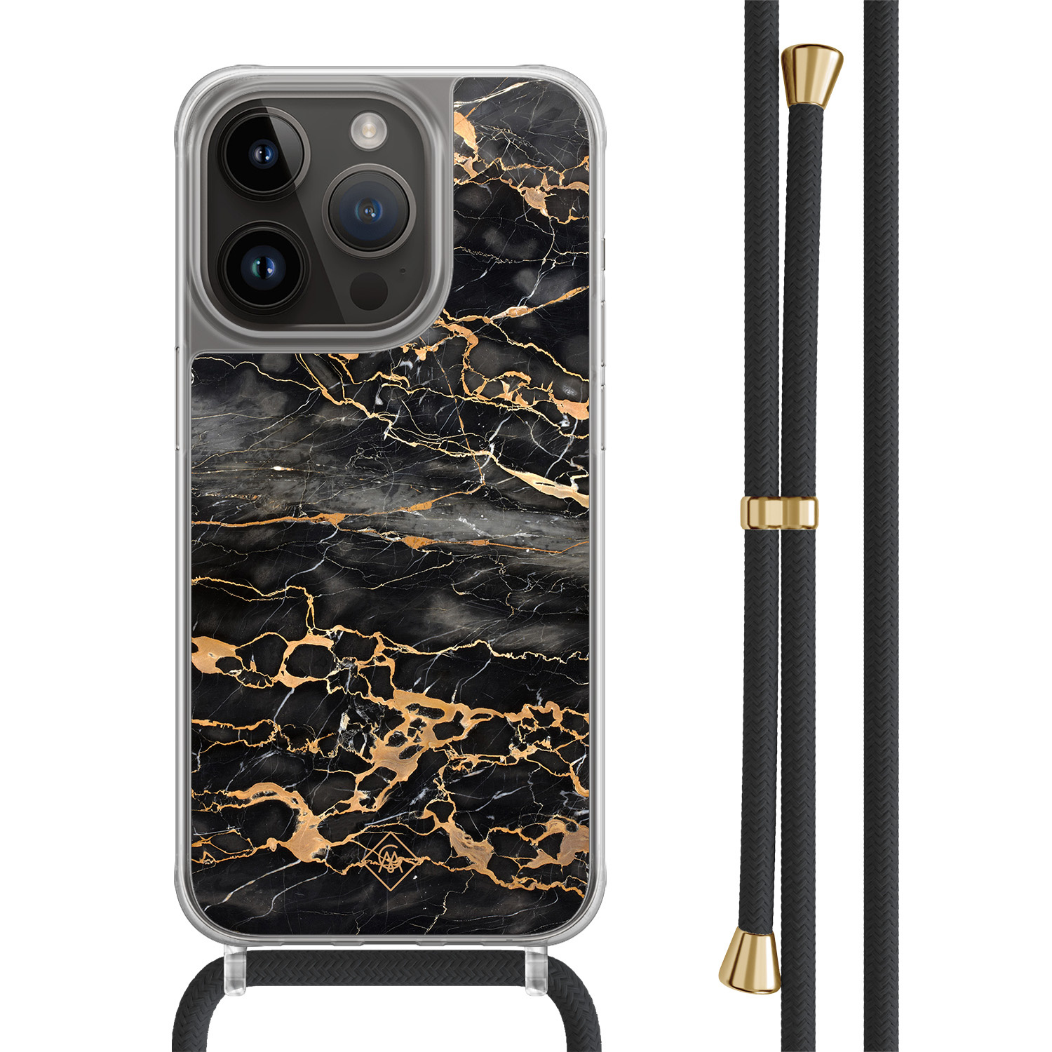 iPhone 14 Pro hoesje met zwart koord - Marmer grijs brons