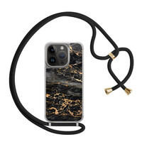 Casimoda iPhone 14 Pro hoesje met zwart koord - Marmer grijs brons