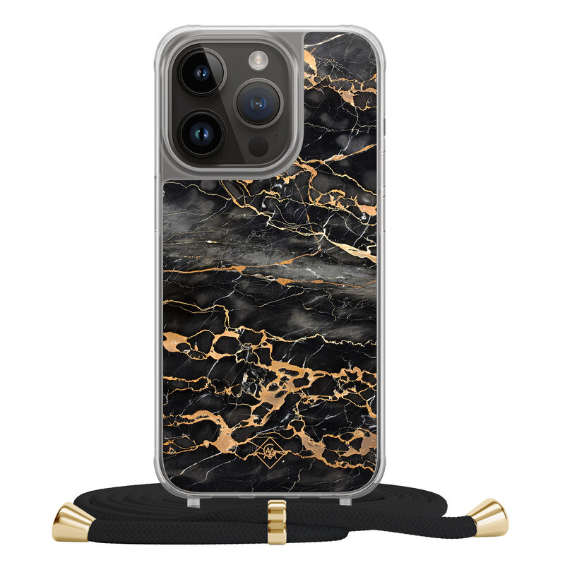 Casimoda iPhone 14 Pro hoesje met zwart koord - Marmer grijs brons