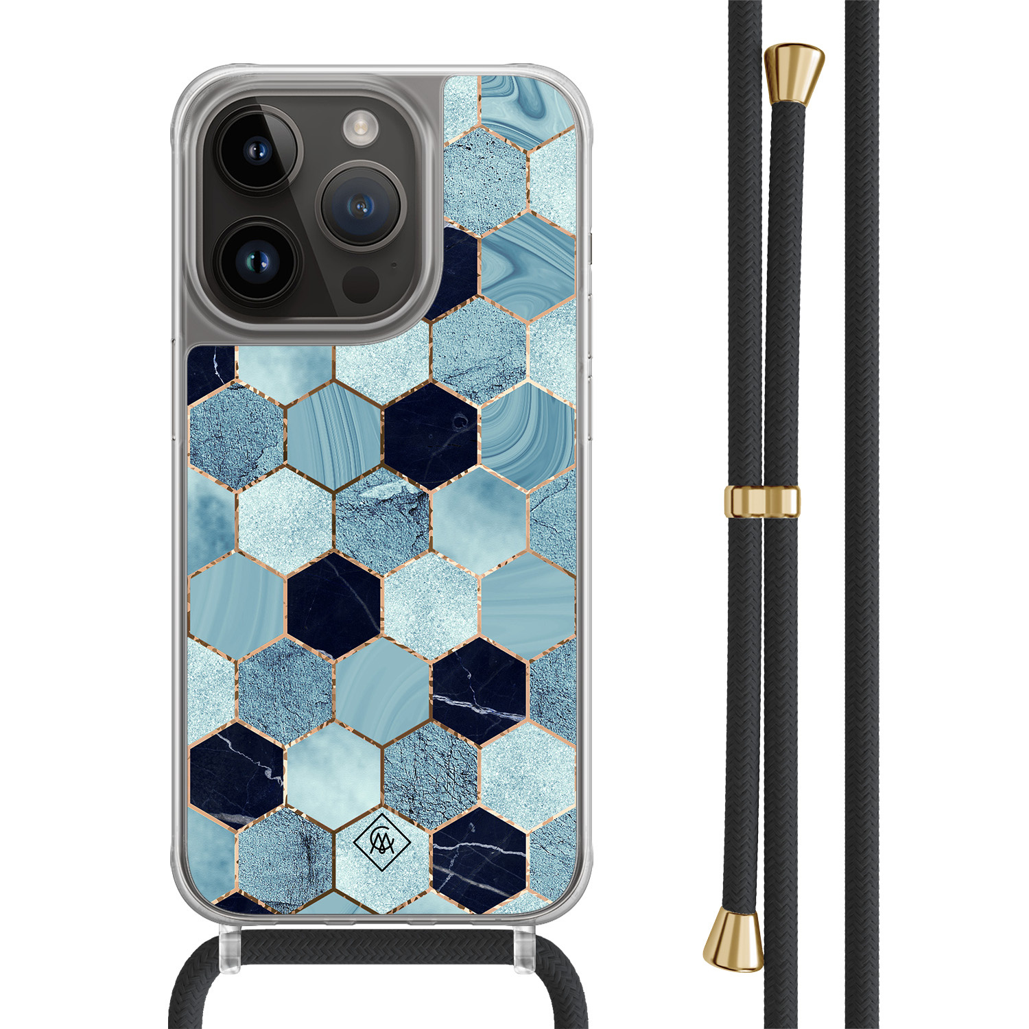 iPhone 14 Pro hoesje met zwart koord - Blue cubes