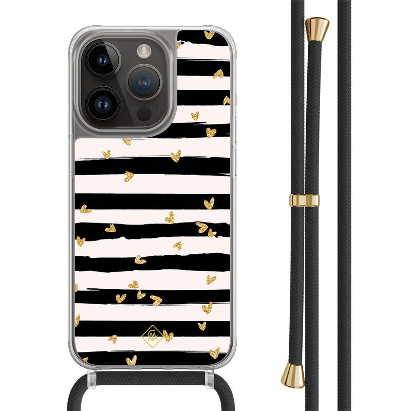 Casimoda iPhone 14 Pro hoesje met zwart koord - Hart streepjes