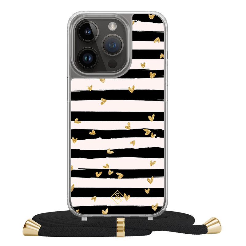 Casimoda iPhone 14 Pro hoesje met zwart koord - Hart streepjes