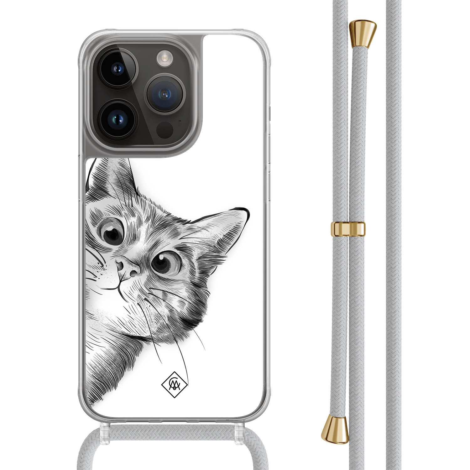 iPhone 14 Pro hoesje met grijs koord - Peekaboo kat