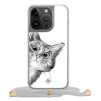Casimoda iPhone 14 Pro hoesje met grijs koord - Peekaboo kat