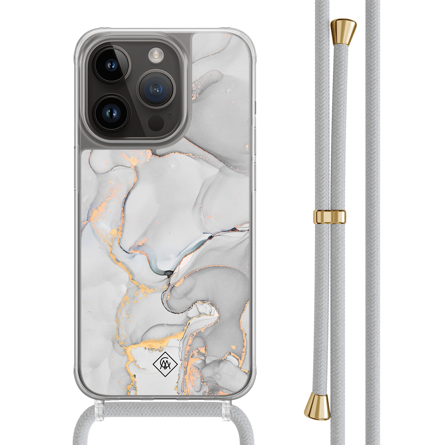 iPhone 14 Pro hoesje met grijs koord - Marmer grijs