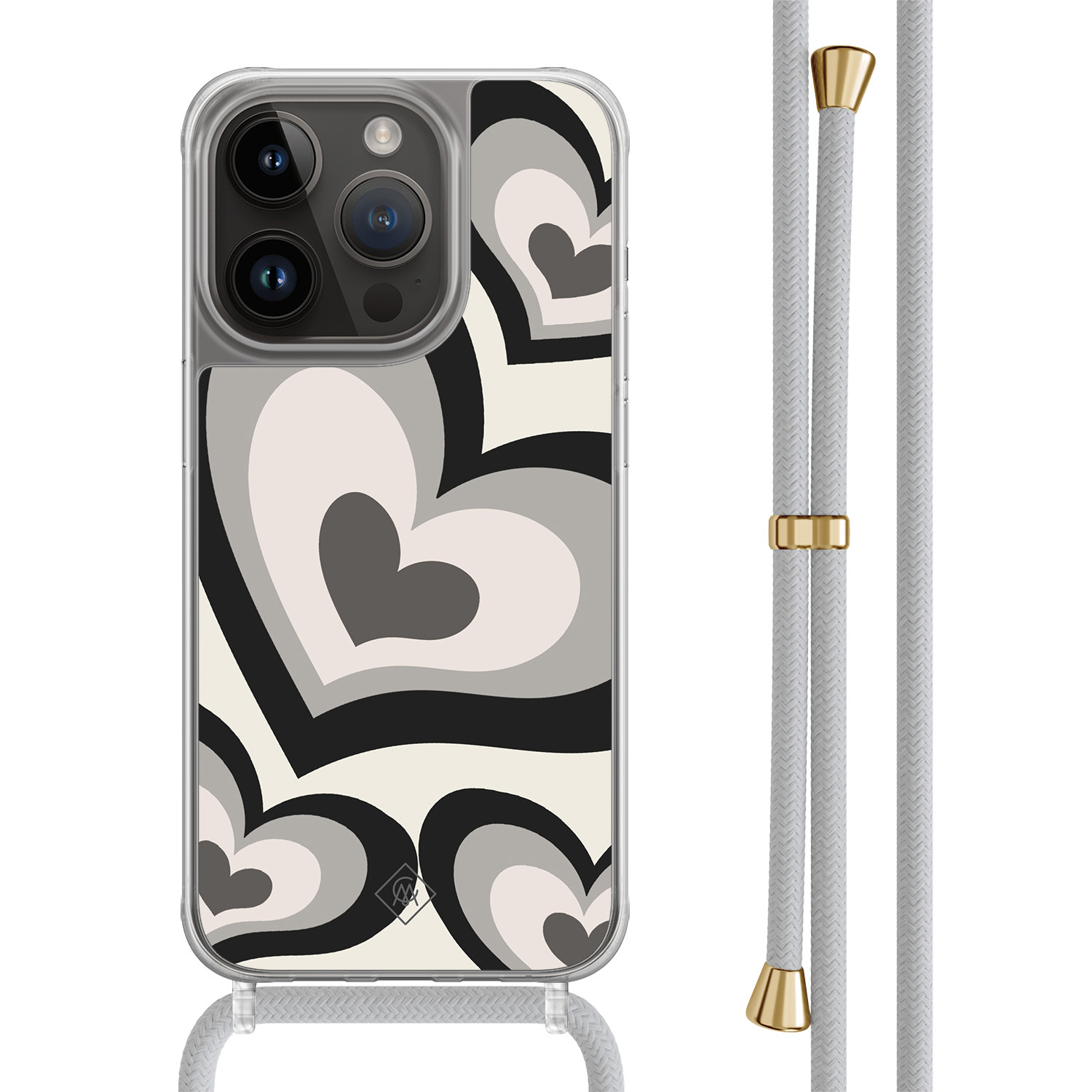 iPhone 14 Pro hoesje met grijs koord - Hart swirl zwart