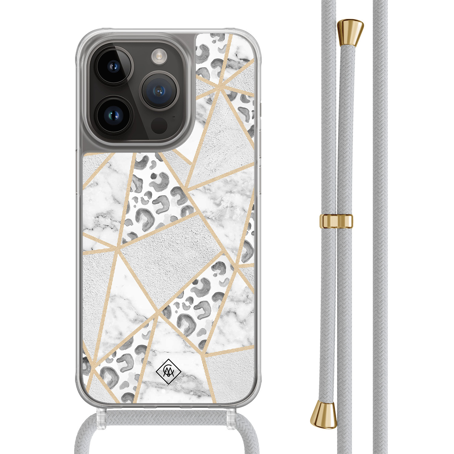 iPhone 14 Pro hoesje met grijs koord - Stone & leopard