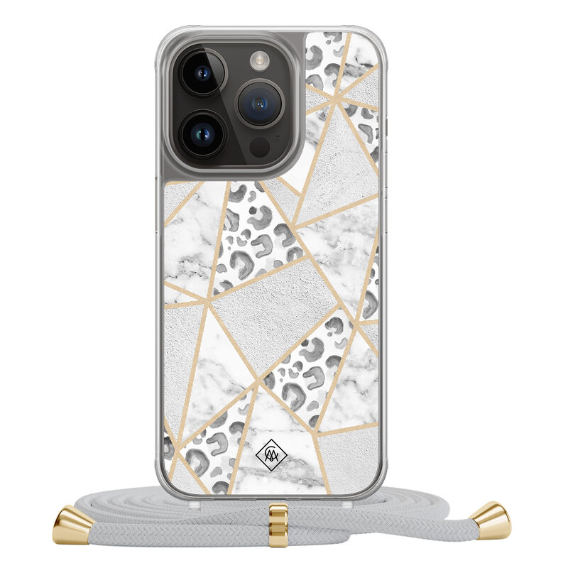 Casimoda iPhone 14 Pro hoesje met grijs koord - Stone & leopard