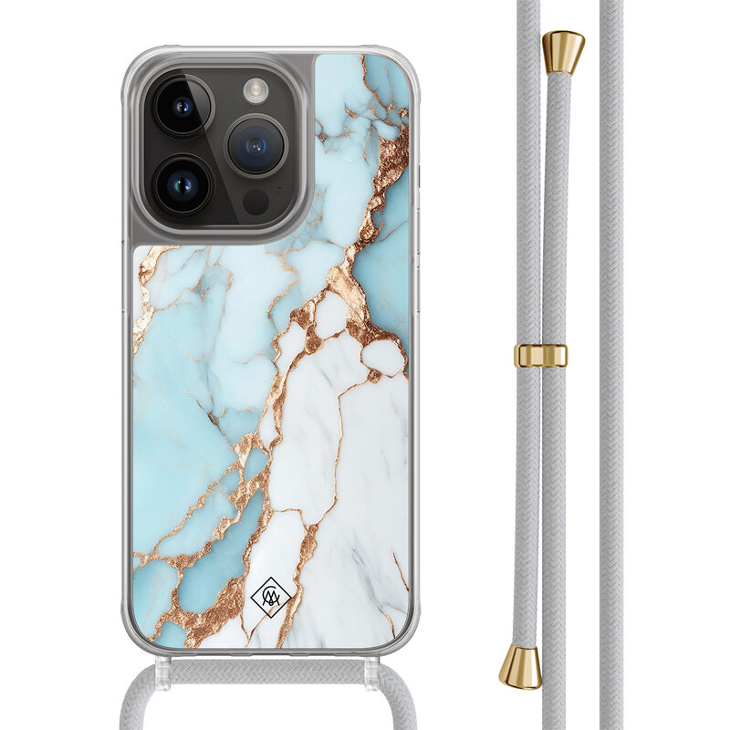 Casimoda iPhone 14 Pro hoesje met grijs koord - Marmer lichtblauw