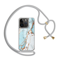 Casimoda iPhone 14 Pro hoesje met grijs koord - Marmer lichtblauw
