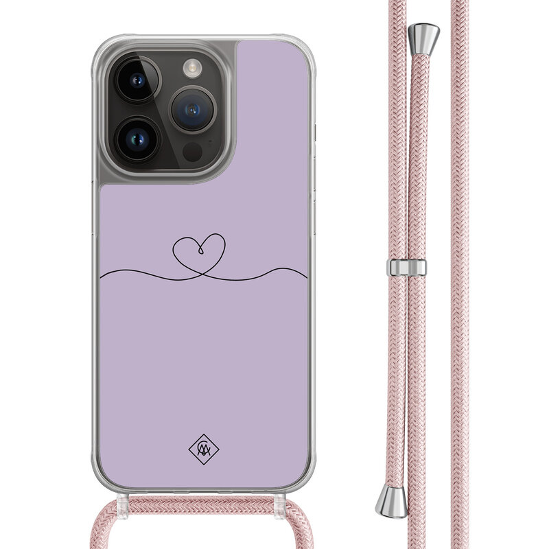 Casimoda iPhone 14 Pro hoesje met rosegoud koord - Hart lila