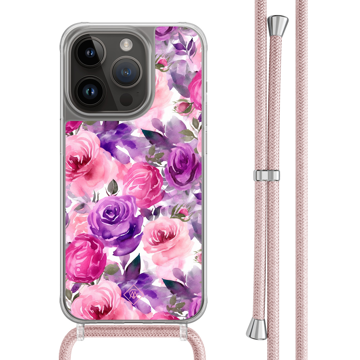iPhone 14 Pro hoesje met rosegoud koord - Rosy blooms
