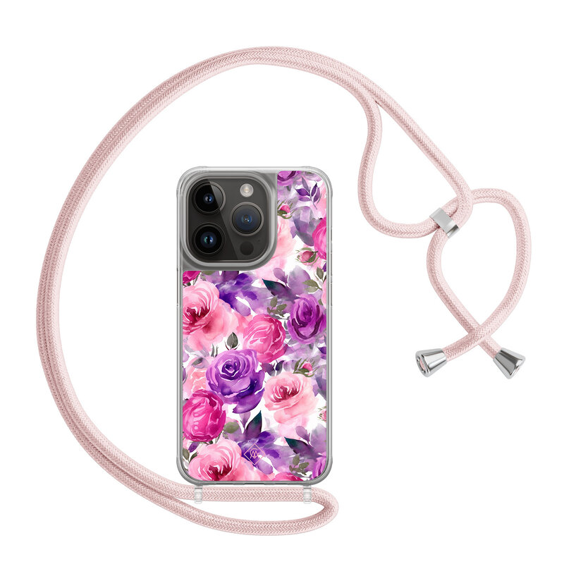 Casimoda iPhone 14 Pro hoesje met rosegoud koord - Rosy blooms