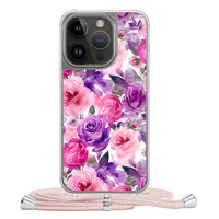 Casimoda iPhone 14 Pro hoesje met rosegoud koord - Rosy blooms