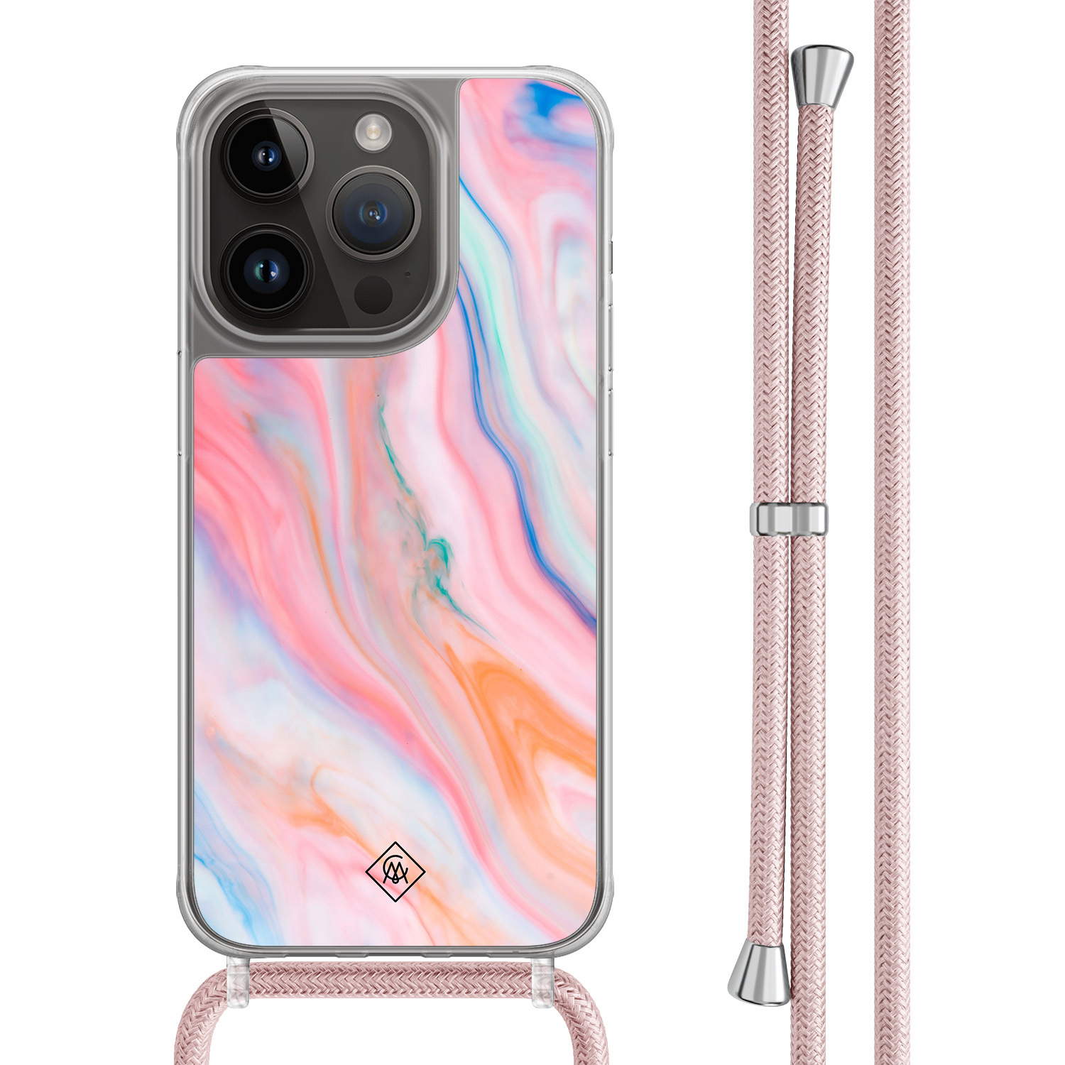 iPhone 14 Pro hoesje met rosegoud koord - Pink glam