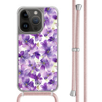 Casimoda iPhone 14 Pro hoesje met rosegoud koord - Floral violet