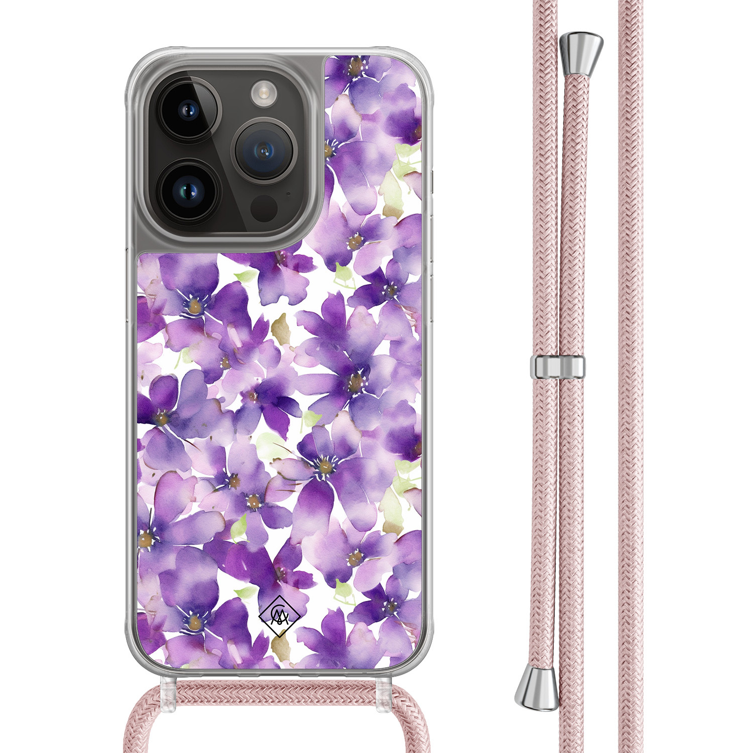 iPhone 14 Pro hoesje met rosegoud koord - Floral violet